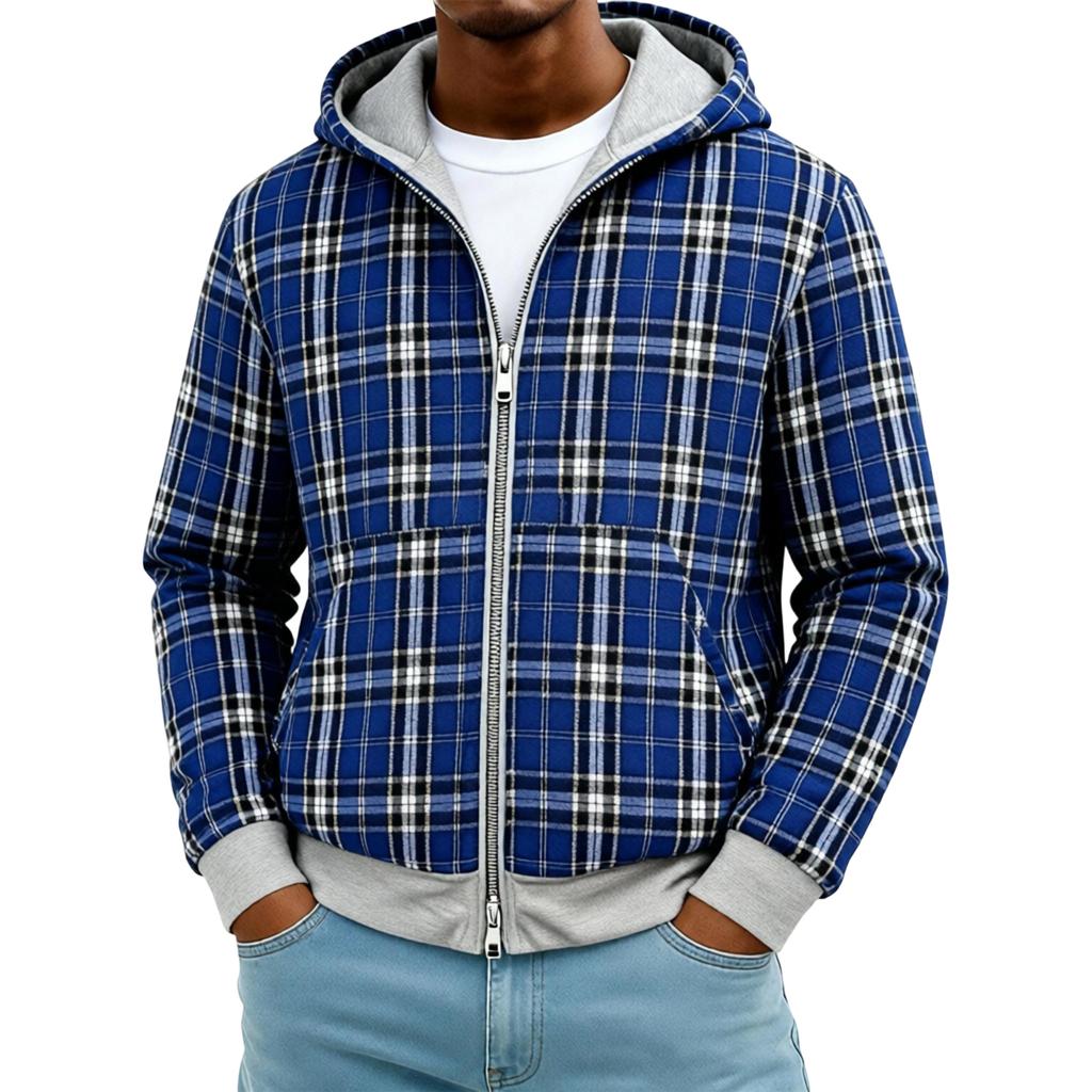 Felpa con cappuccio da uomo reversibile patchwork a quadri con zip per autunno e inverno