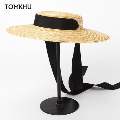Nouveaux Chapeaux de Soleil à Large Bord 15cm Bord Bateau Paille Chapeau Plat Femmes Été Derby Chapeau Chapeau Ruban Blanc Noir Cravate Protection Solaire Casquette de Plage
