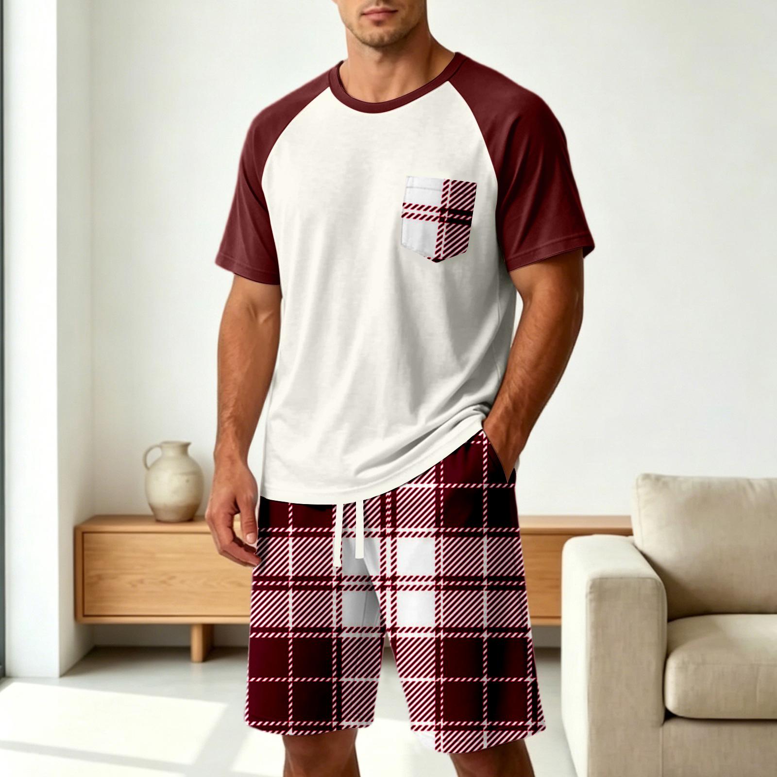 

Men’s Soft Plaid Pajama Set Comfortable Short Sleeve Top and Shorts Two Piece Loungewear Sleepwear Suit for Daily Use XXXXXL винний