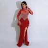 Abito da Donna Girocollo Manica Lunga Spacco Alto Strass Hot Drill Colore Unico Festa Sera