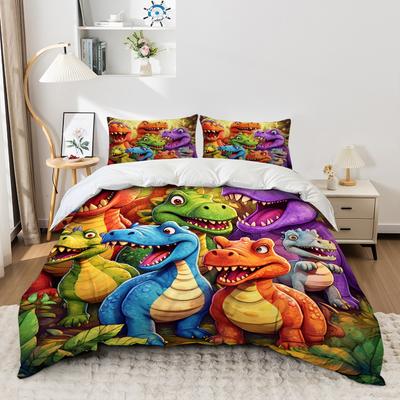 3-teilige Cartoon Bunte Dinosaurier Bettbezüge Bequeme Bettwäsche Stoff Weich Und Atmungsaktiv Inklud (Bettbezug* 1+Kissenbezüge*2)