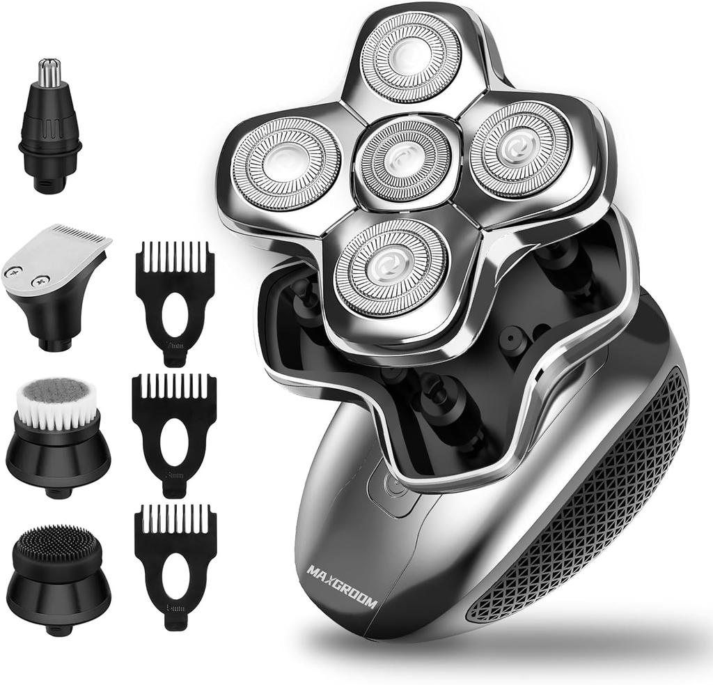 MAXGROOM Electric Shaver with 5D Skin Electric Face Cleansing Nose Hair Rotary Hair IPX6 Automatic Shaving LED Gift Men's Head, 5-in-1 Shaver, Brush,