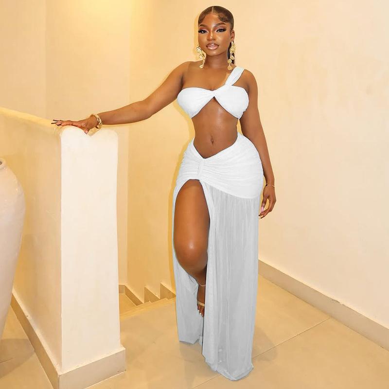 Women's Two-piece Set Sleeveless One Shoulder Top High Waist Maxi Skirt Streetwear Split Cutout Matching Outfit Summer Beach Suit