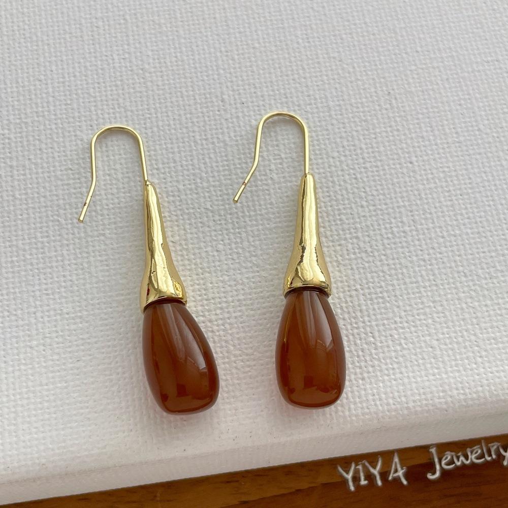 

Women Minimalist Dangle Earrings Simple Coffee Resin Water Drop Long Style Silver Plated Metal Hooks Casual Holiday Jewelry