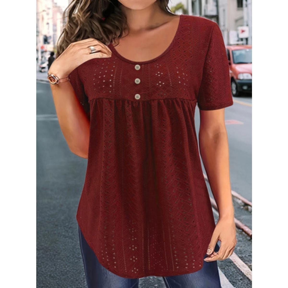 

Summer Loose Solid Color T-shirt, Crew Neck Short Sleeve Button Detail Pleated Front Top for Women, European American Casual Crossbody Apparel XXL бордовий