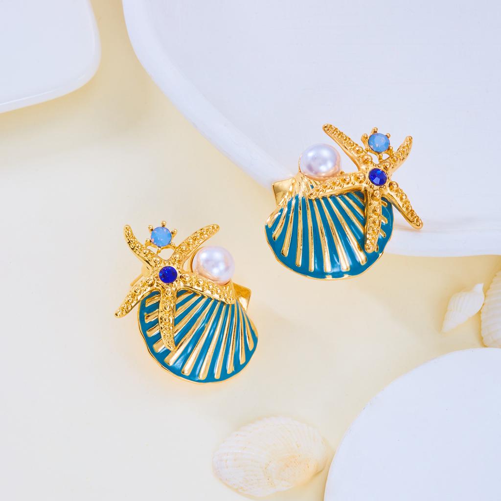 Trend Seashell Starfish Stud Earrings for Women Elegant Imitation Pearl Zircon Sea Star Earring Beach Party Vacation Jewelry