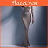 Womens Mesh Rhinestone Summer Hot See Through Long Sleeve Split Long Dresses