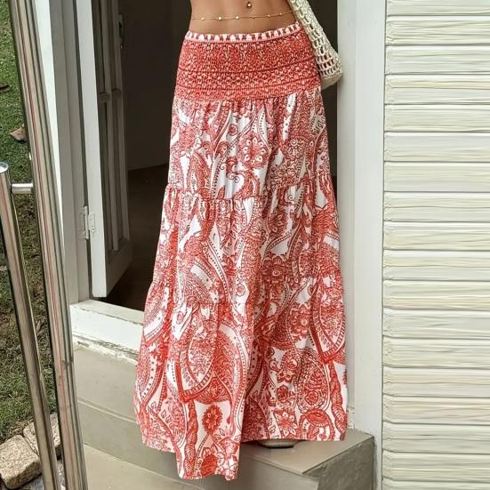 Maxi Skirt Pleated High Waist Printing A-Line Long Skirt Ruffle Splicing Design Leisure Vacation Women Skirt Daily Wear