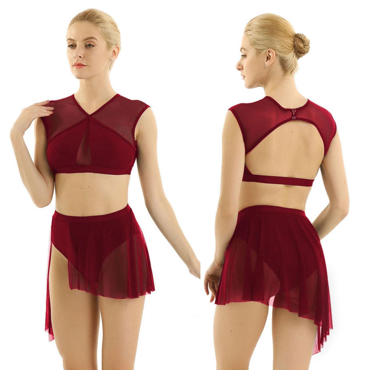 

Танцевальное платье для женщин, асимметричная сетка, балетные наряды для латинских танцев, укороченные топы с перекрещиванием и короткая юбка XS вино красного