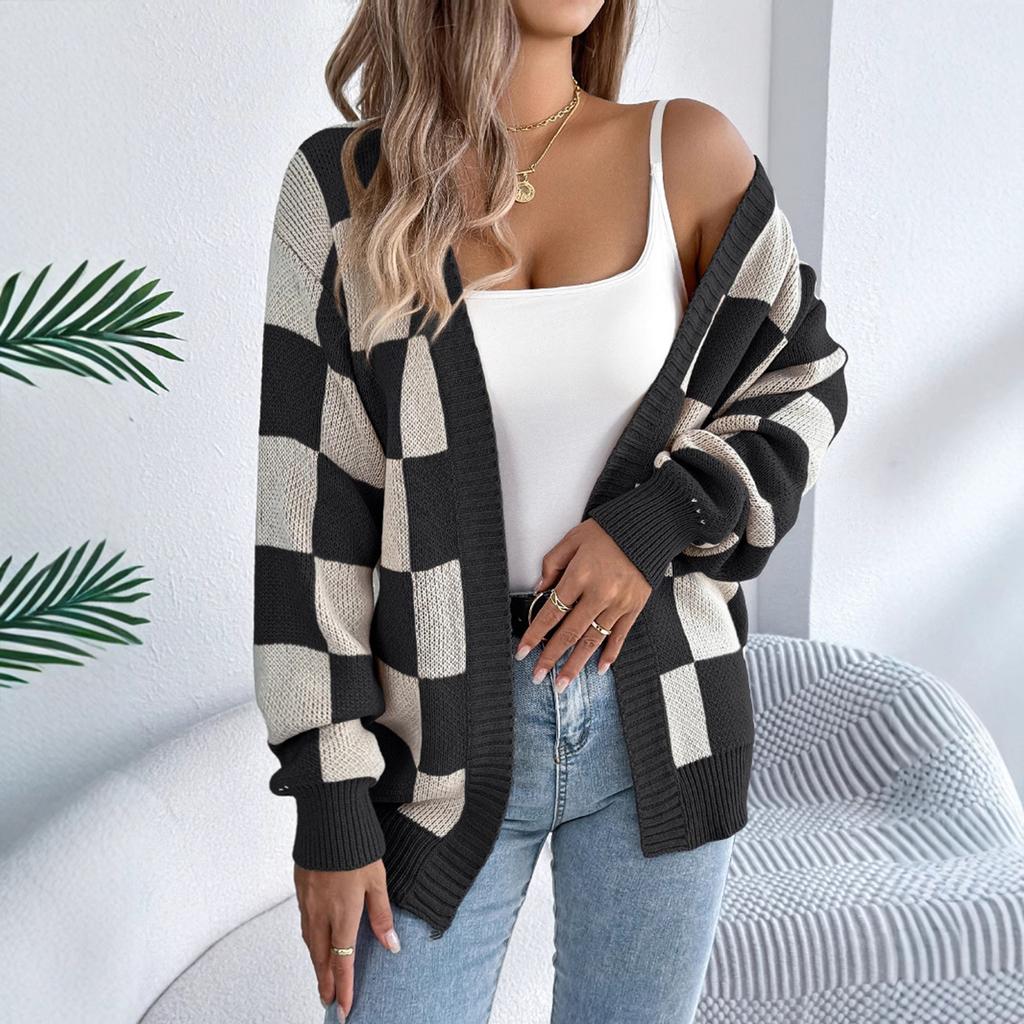 Women's Color-blocked Plaid Long-sleeved Cardigan Sweater Mid-length Coat