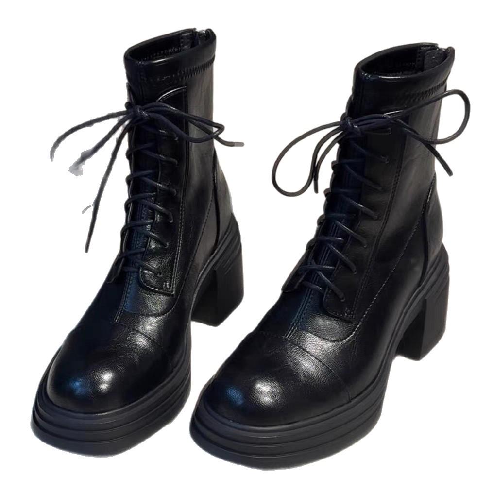 Francouzský retro styl kulatá špička silný podpatek krátké boty dámské 2025 nové všestranné módní tenké boty zadní zip Martensky