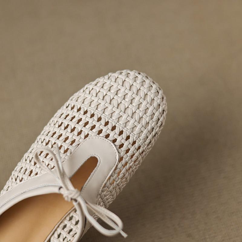 Fashion Women's new summer leather cowhide lace up bow, low heel, round head, hollowed out breathable toe, Mueller slippers