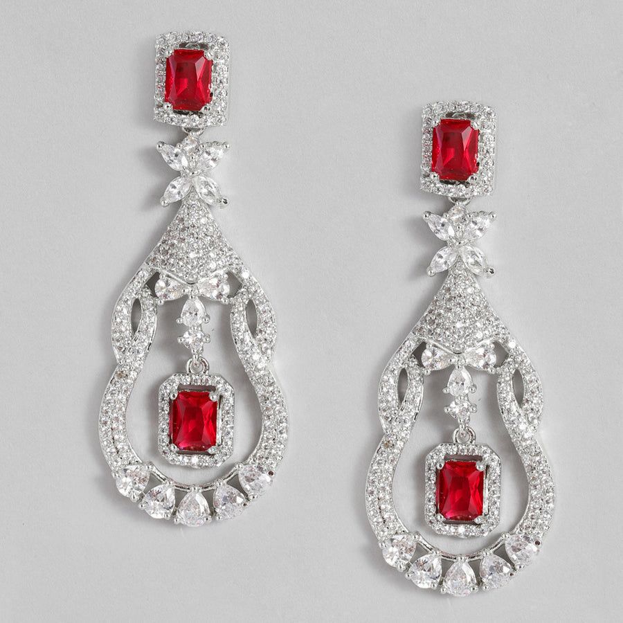 Sparkling Estele Rhodium Plated CZ Pink Tourmaline Drop Earrings for Women