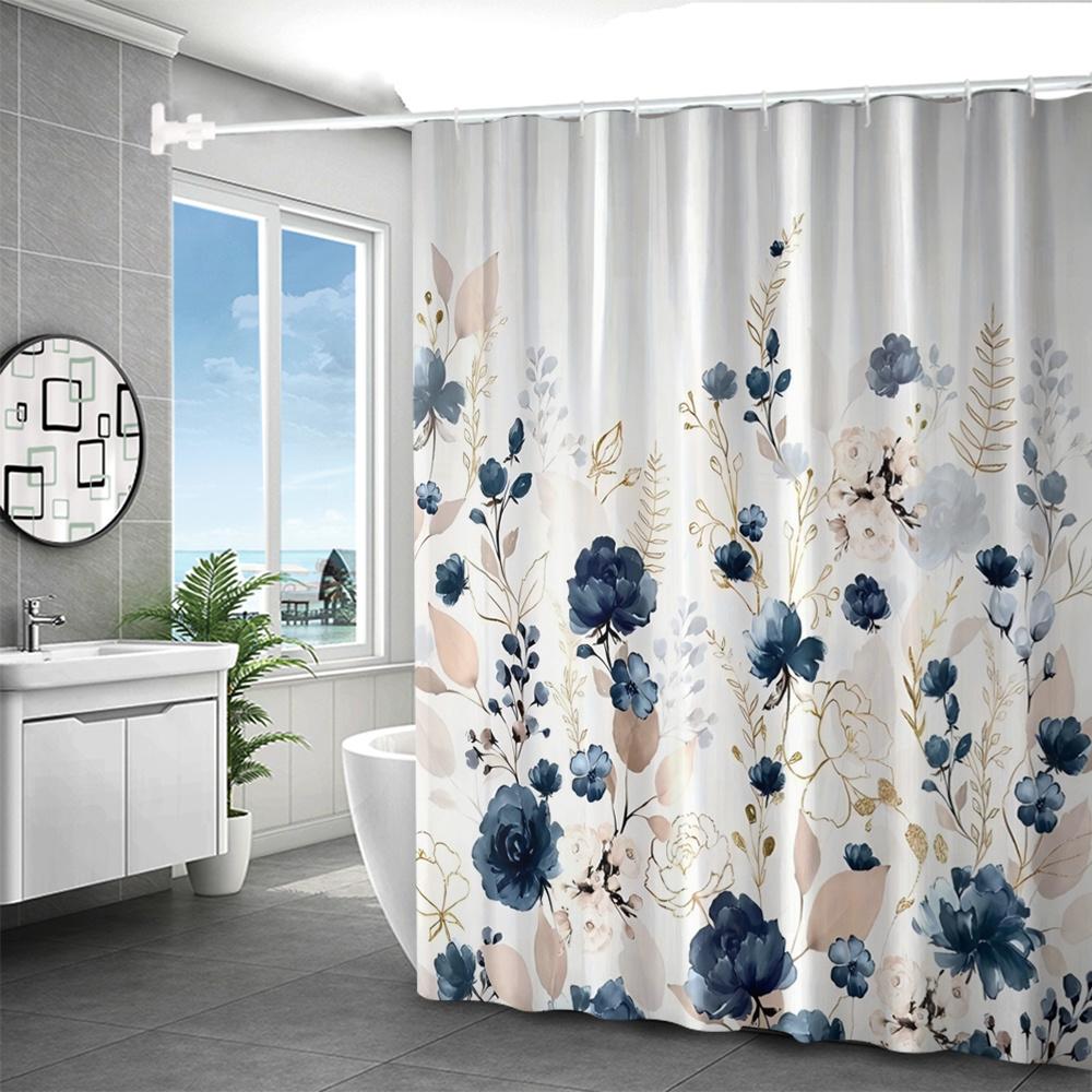 1Pc Of Blue Floral Digital Print Waterproof Polyester Shower Curtain, No Drilling Required, Bathroom Partition Curtain.