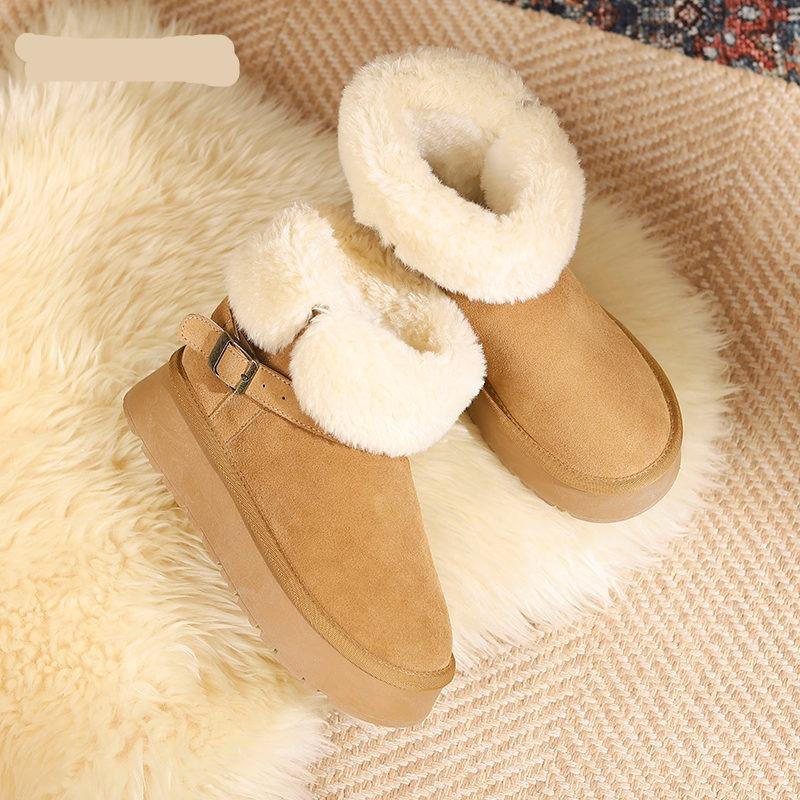 Warm flipped plush thick-soled snow boots for women to increase their height in winter, new comfortable fluffy thickened cotton shoes