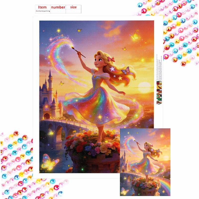 Disney Diamond Painting Kit Princess Rainbow Castle Wall Decor Handmade Art Gift for Her Round 20x30cm