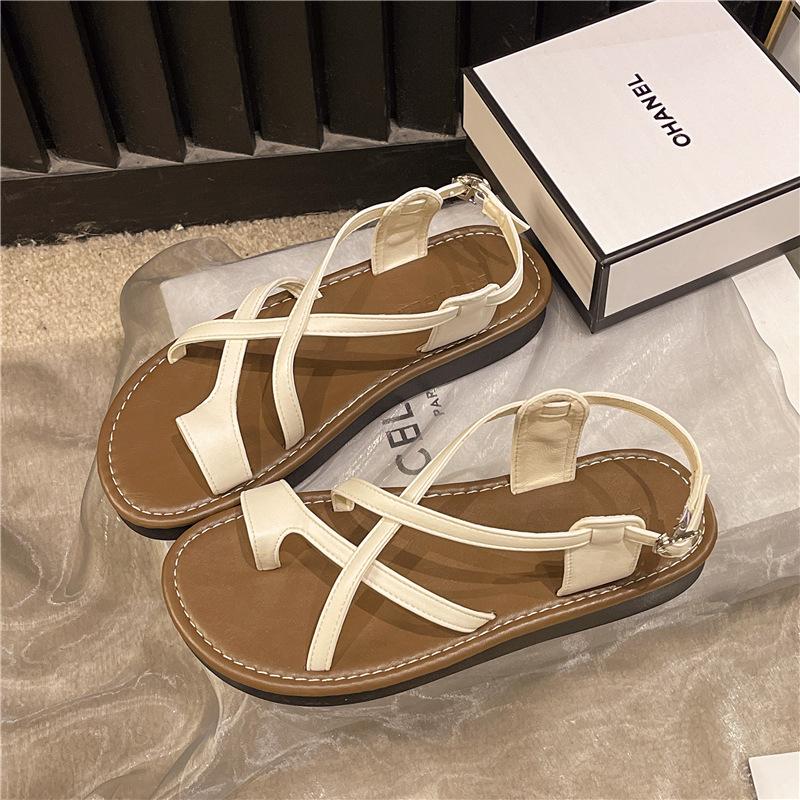 Temperament with skirt flat toe sandals women's 2025 new summer soft sole silver cross with Roman beach sandals