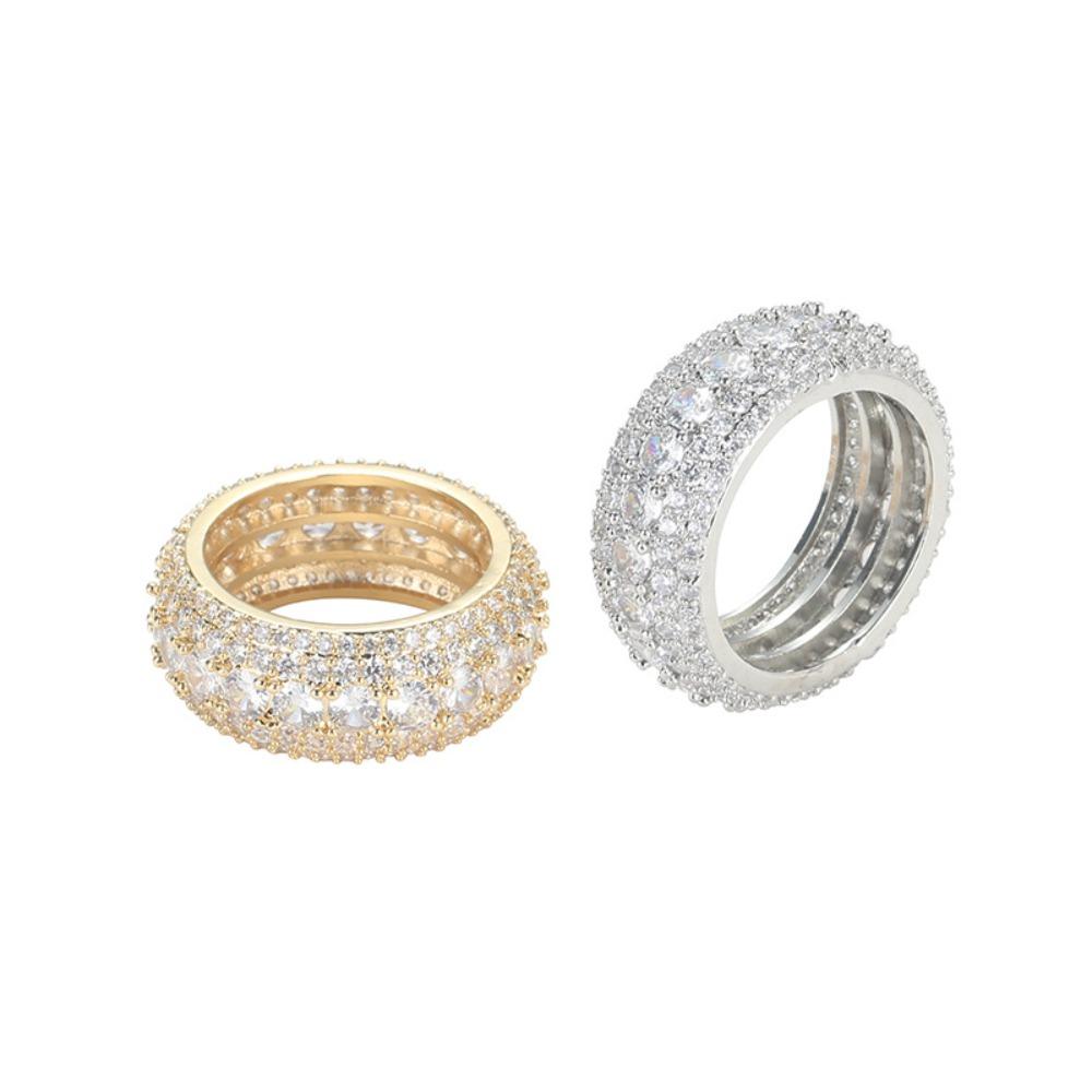 Copper Inlaid Zircon Ring, Three Rows of Full Diamonds Light Luxury Ring Size Diamond Splicing Ring