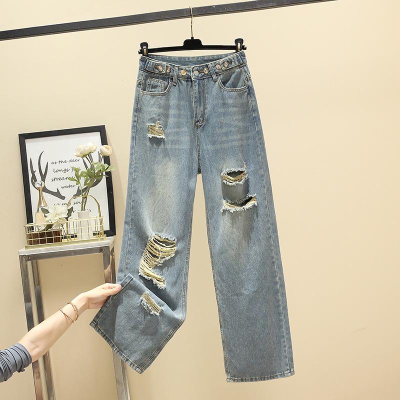 

Ретро рваные широкие джинсы для женщин новый стиль свободные большого размера для полных девушек маленькие клеш прямые брюки 3XL синий