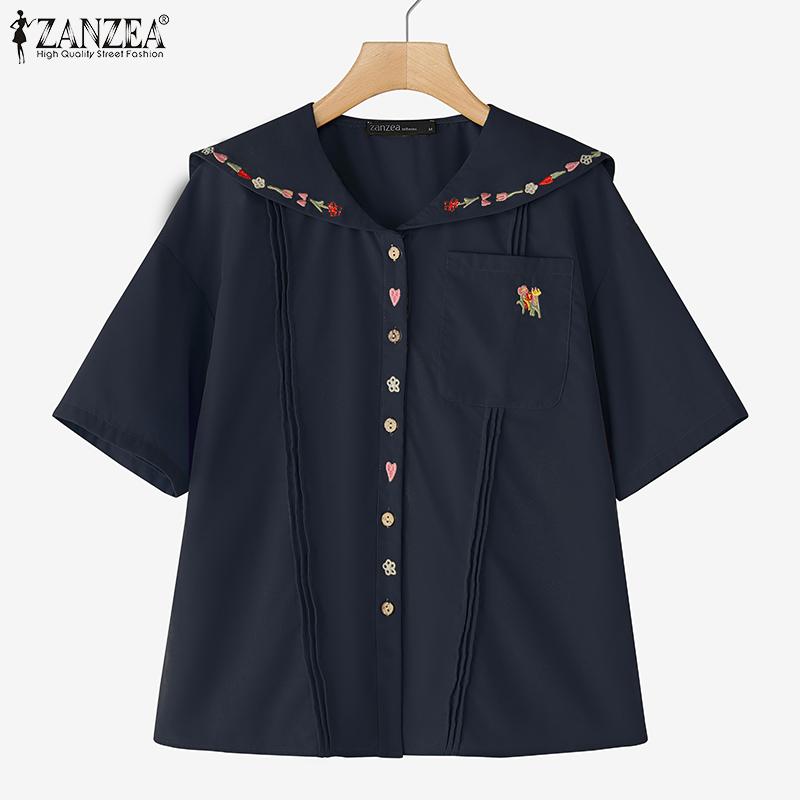 ZANZEA Bluză casual de vară cu mânecă scurtă, cu gât rotund, imprimeu