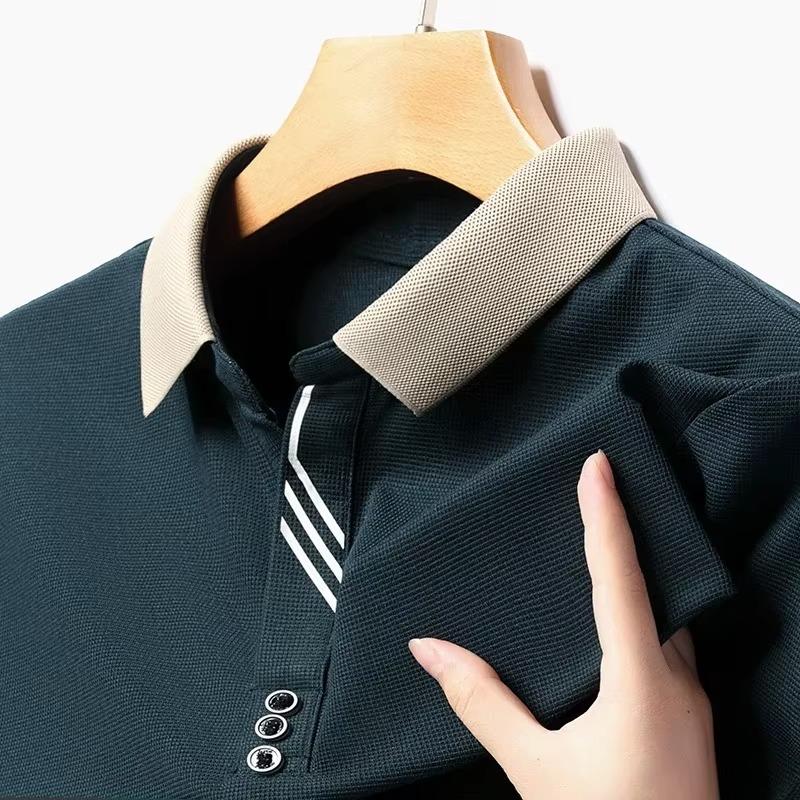 Summer Men's Polo Shirt Jacquard T-shirt Lapel Collar Color Block Casual Short Sleeve Tees Breathable Male Button Tops