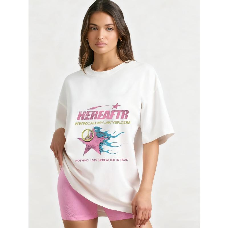 Oversized T Shirt Black Hereafter Peace Star Graphic Print With Website And Quote Statement Casual Streetwear Fashion Top For Women