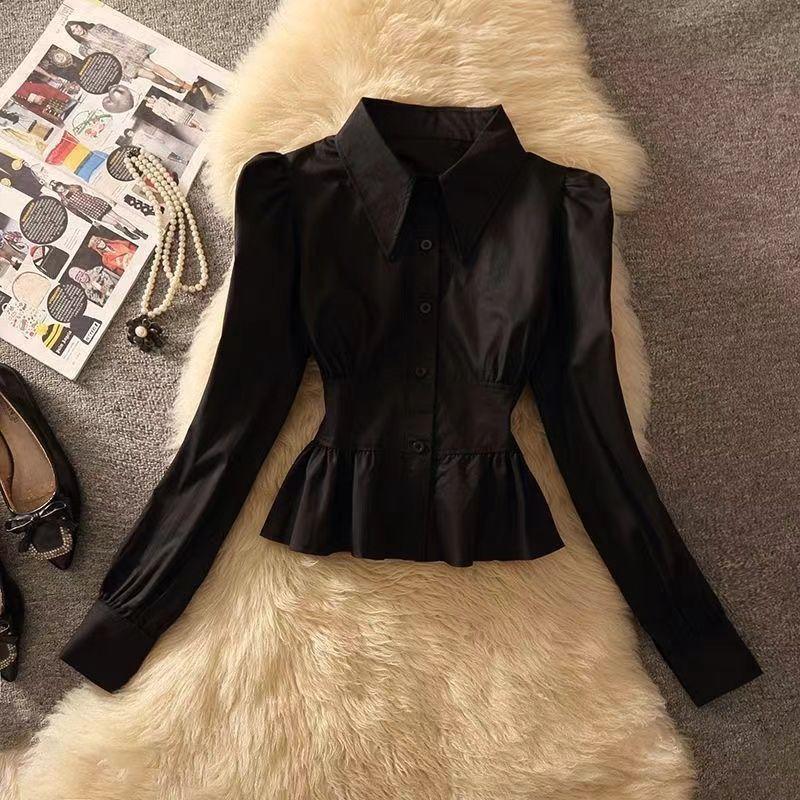 

Шифоновая рубашка с длинным рукавом для женщин, весна-осень, новый стиль, французская уникальная рубашка, короткий топ S чёрный