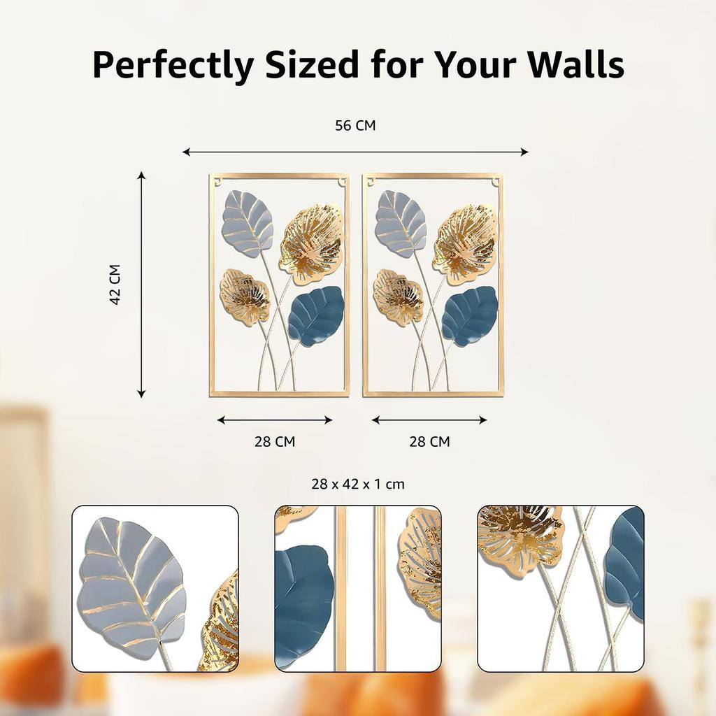 Gold Metal Wall Art Decor for Living Room | Elegant Iron Wall Hanging |  Wall Hanging | Wall Décor | Easy Installation | 42 x 28 cm Each | Set of 2