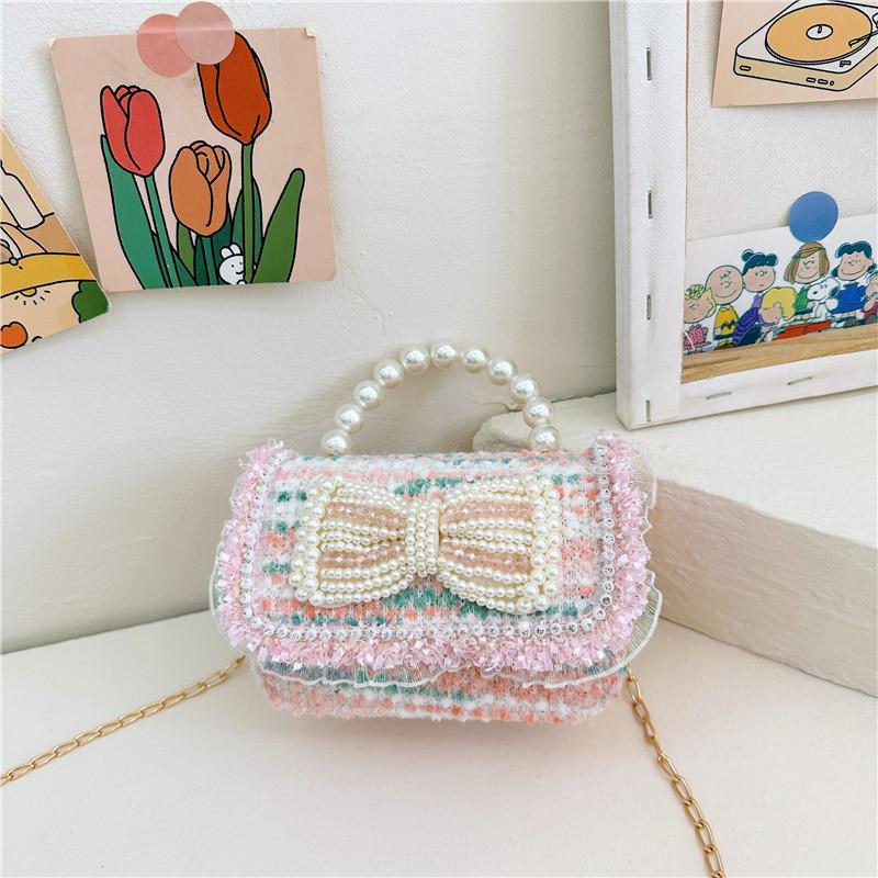 Colorful Sequin Kids Bag With Bowknot Stylish Pearl Handle Mini Crossbody Bag