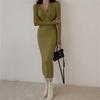 Newsight Knit Tight Long Long Sexy Bodycon Dress Women's Dress, Skirt, Sleeves, V-Neck, Cute, Stylish, Off-the-Shoulder, (Green)