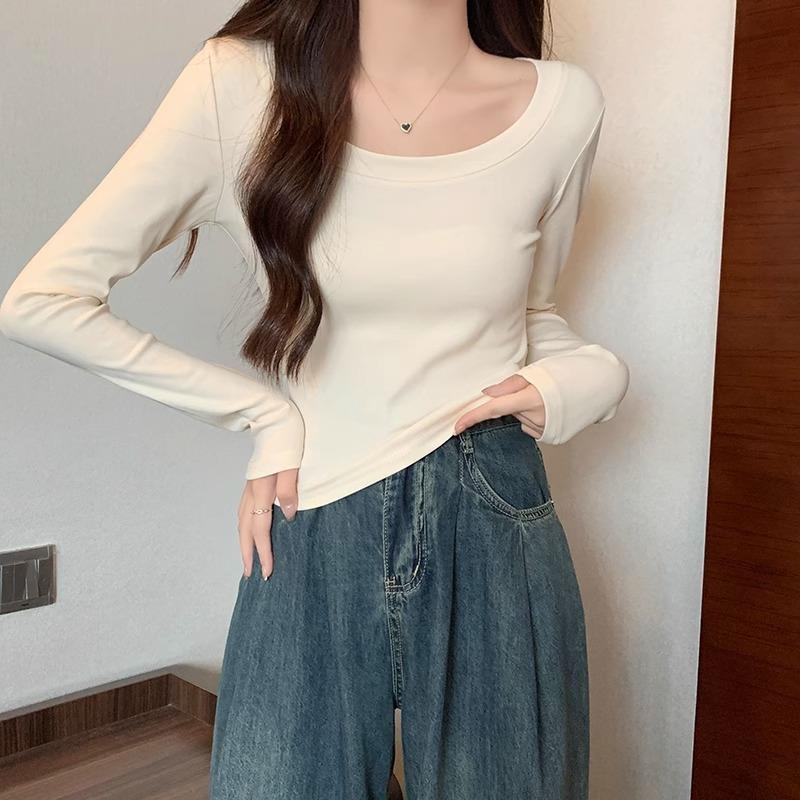 Entworfenes U-Ausschnitt Slim-Shoulder Langarm-T-Shirt für Damen Frühling und Herbst neu hoch tailliert freiliegendes Schlüsselbein sexy Innen-Unterhemd