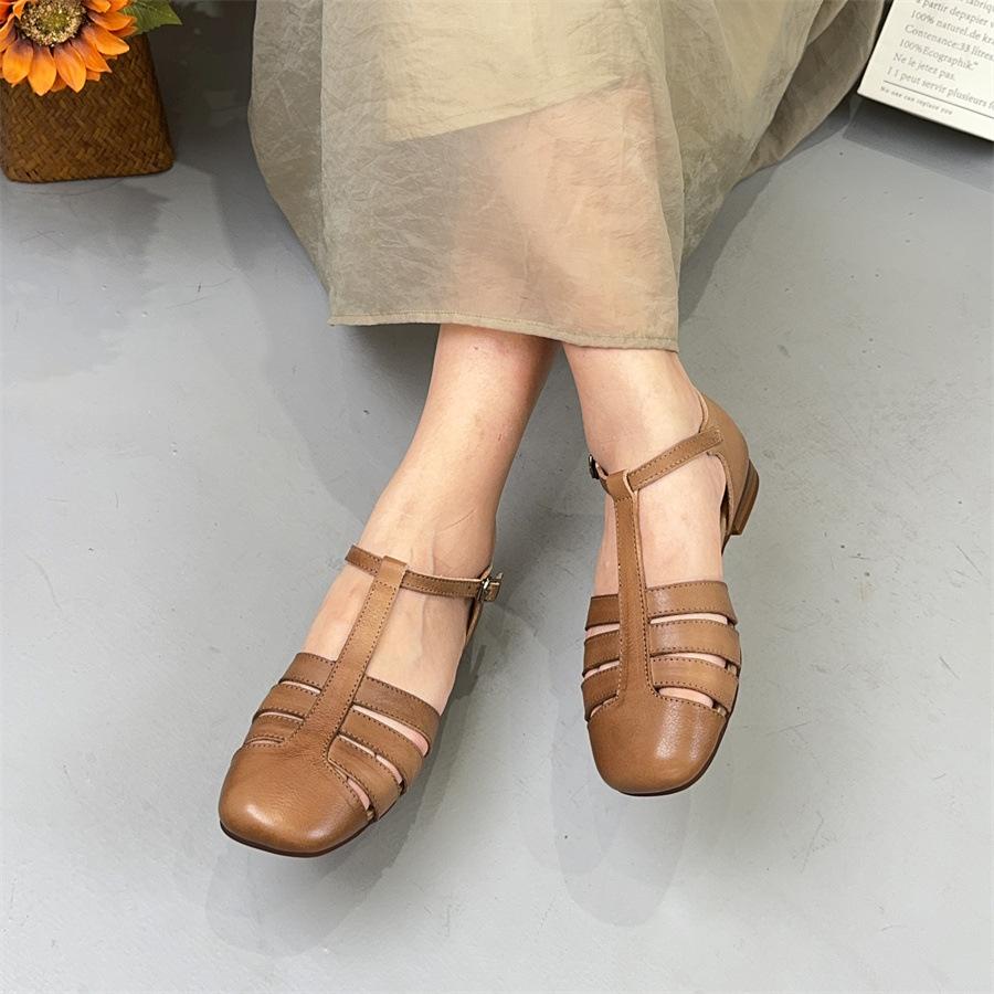 Johnature Handmade Genuine Leather Sandals Versatile Round Toe Buckle Strap Cowhide Flat Women's Shoes