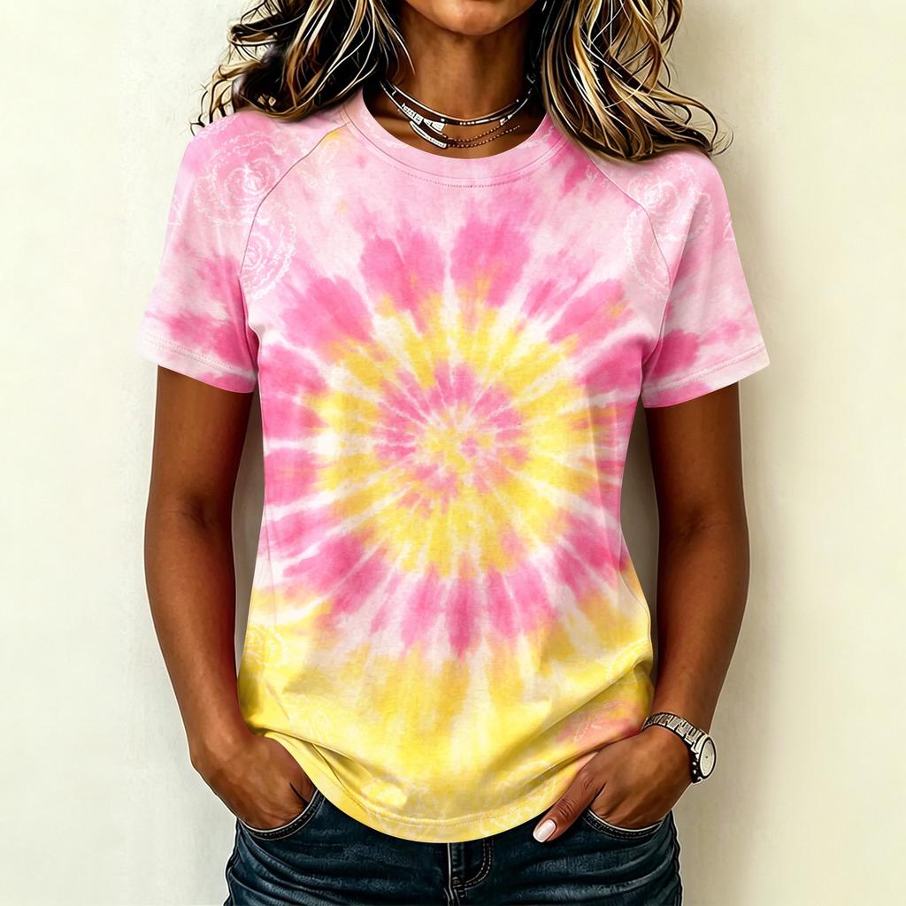 Damen Freizeit Kurzarm Raglan T-Shirt Rundhals Batik-Print Leichtes Weiches Gewebe Sommer Oberteil