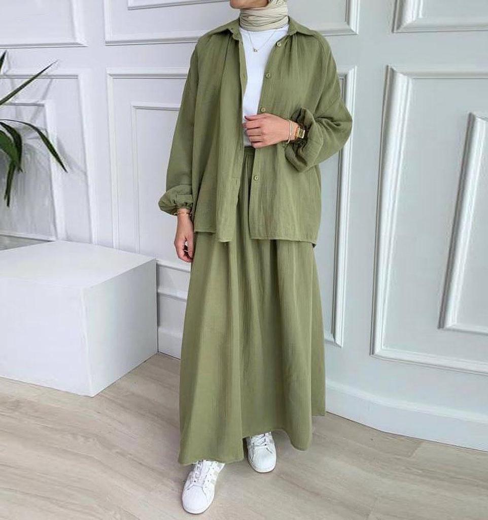 In-Stock Summer Fashion: Women's Crinkled Puff Sleeve Long Sleeve Muslim Apparel Skirt Set
