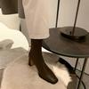 Commande coréenne ! Simple ! Bottes courtes élastiques à talon haut épais et bout carré marron fermeture éclair bottes fines d'été