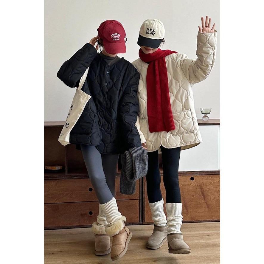 Lamb Wool Splicing Thin Diamond Pattern Winter Korean Style Loose Small Fragrant Style Diamond Pattern Warm Cotton Coat for Women