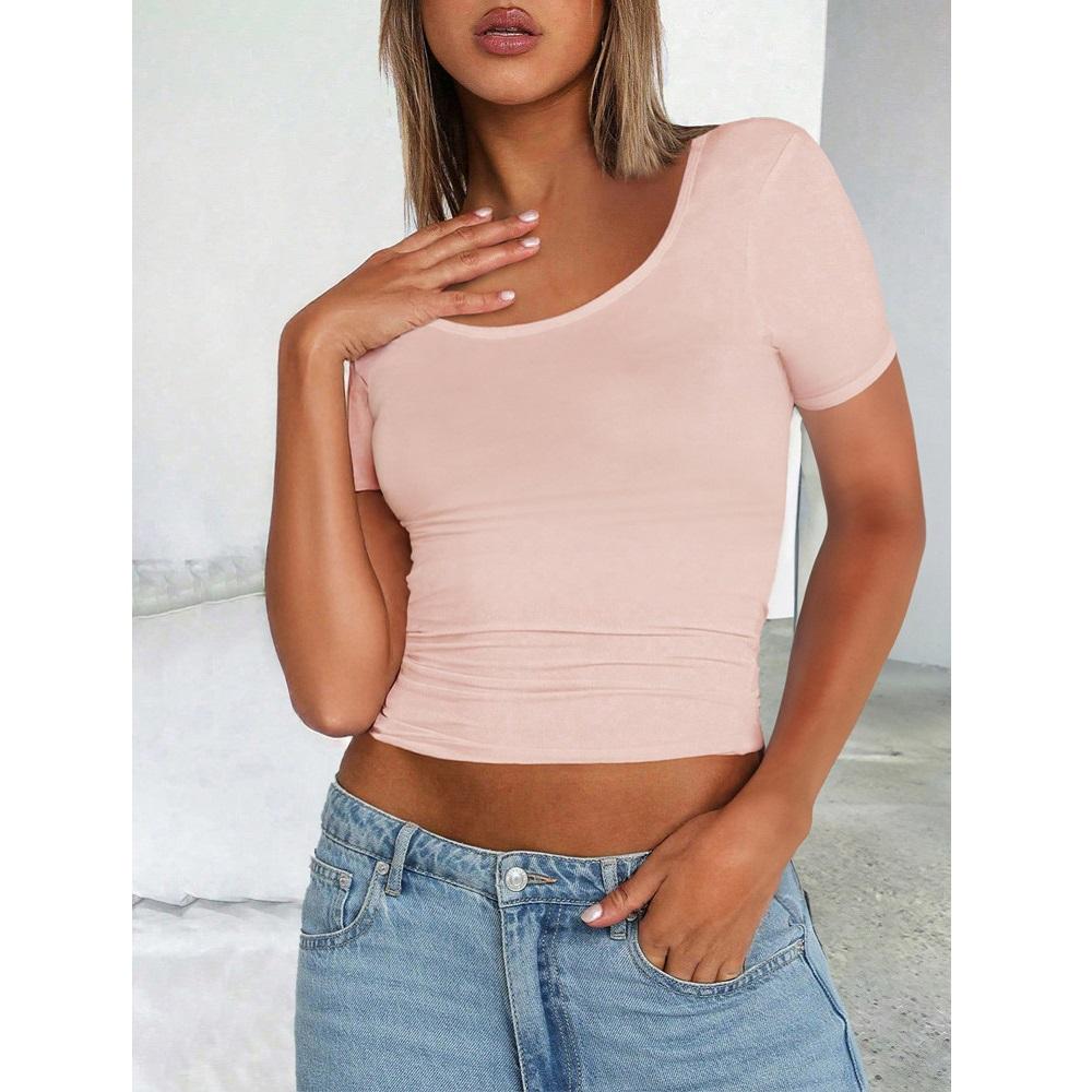 Dámské letní krátké tričko s kulatým výstřihem a krátkým rukávem, slim trička, ležérní crop topy