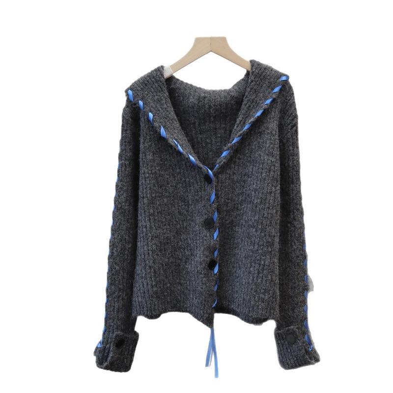 Design streamer large lapel knitted cardigan autumn and winter new loose temperament sweater jacket women