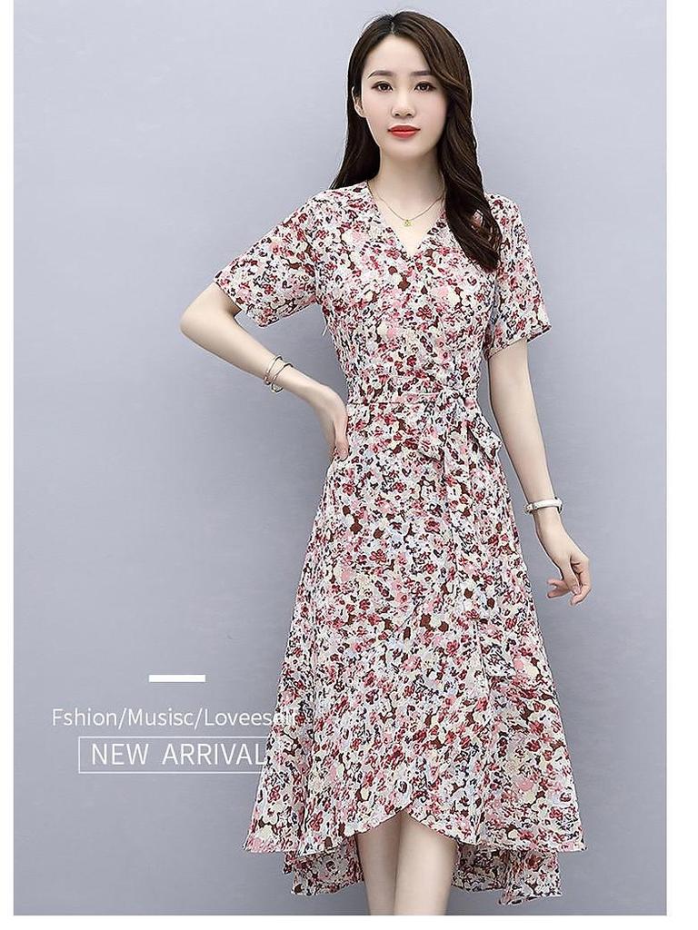 Plus Size Women's Floral V-Neck Tie-Waist A-Line Summer Dress with Irregular Hem