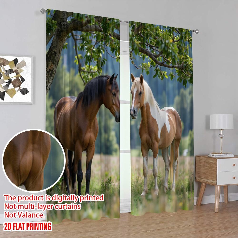 Set Of 2 Flat Printing Curtains Two Horses Versatile Polyester Without Electricity Family Party Decoration Various Room Curtain
