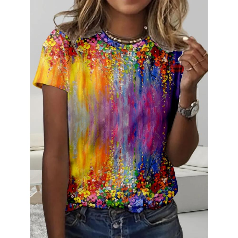 Summer Simple Round Neck Regular Fit Flower Women's T-shirt Casual Short Sleeve Top Harajuku T-shirt Fashion