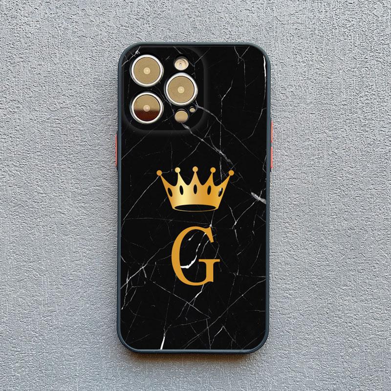 Crown Letter A To Z Phone Case For Iphone 16 13 14 15 Pro Max 11 12 8 7 Plus SE20 X XR XS Marble Pattern Black Shockproof Cover