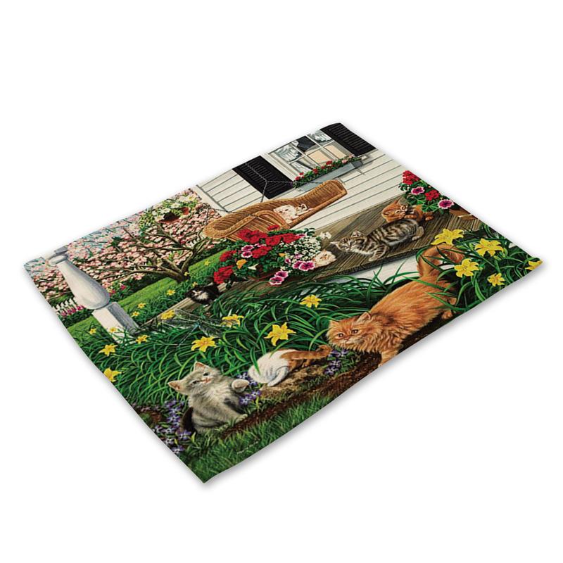 45X30cm Cute Cat Flower Pattern Placemat Dining Table Mats Cotton Linen Drink Coaster Western Pad Cup Mat For Home Decor Gifts