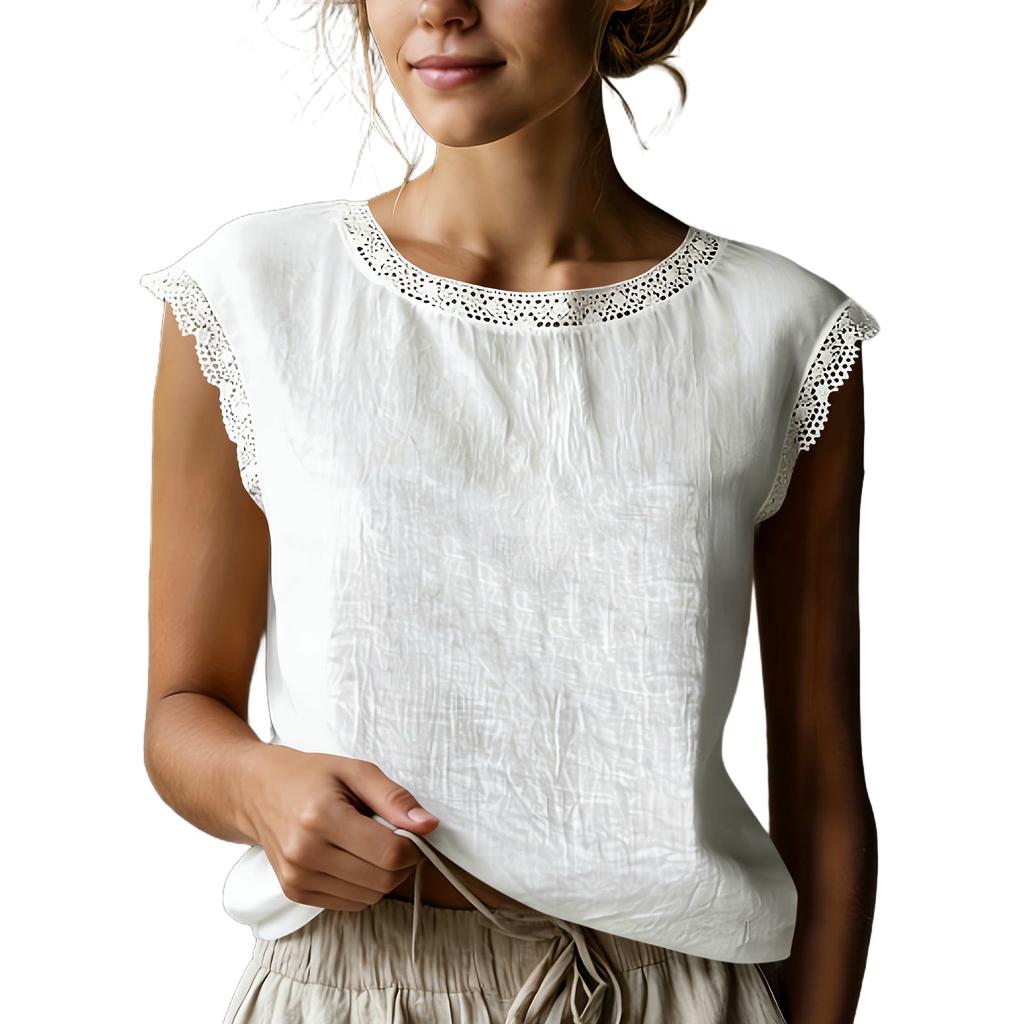 Haut d'été sans manches en lin pour femme, style rétro ample, patchwork de dentelle de couleur, col rond