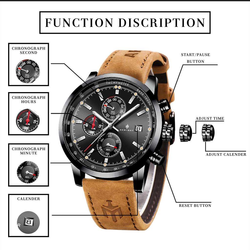 AKNIGHT Watch Genuine Leather Crystal Luminous Date Japanese Instruction Manual Men's - Stylish, Popular, Quartz, Strap, Chronograph, Display,