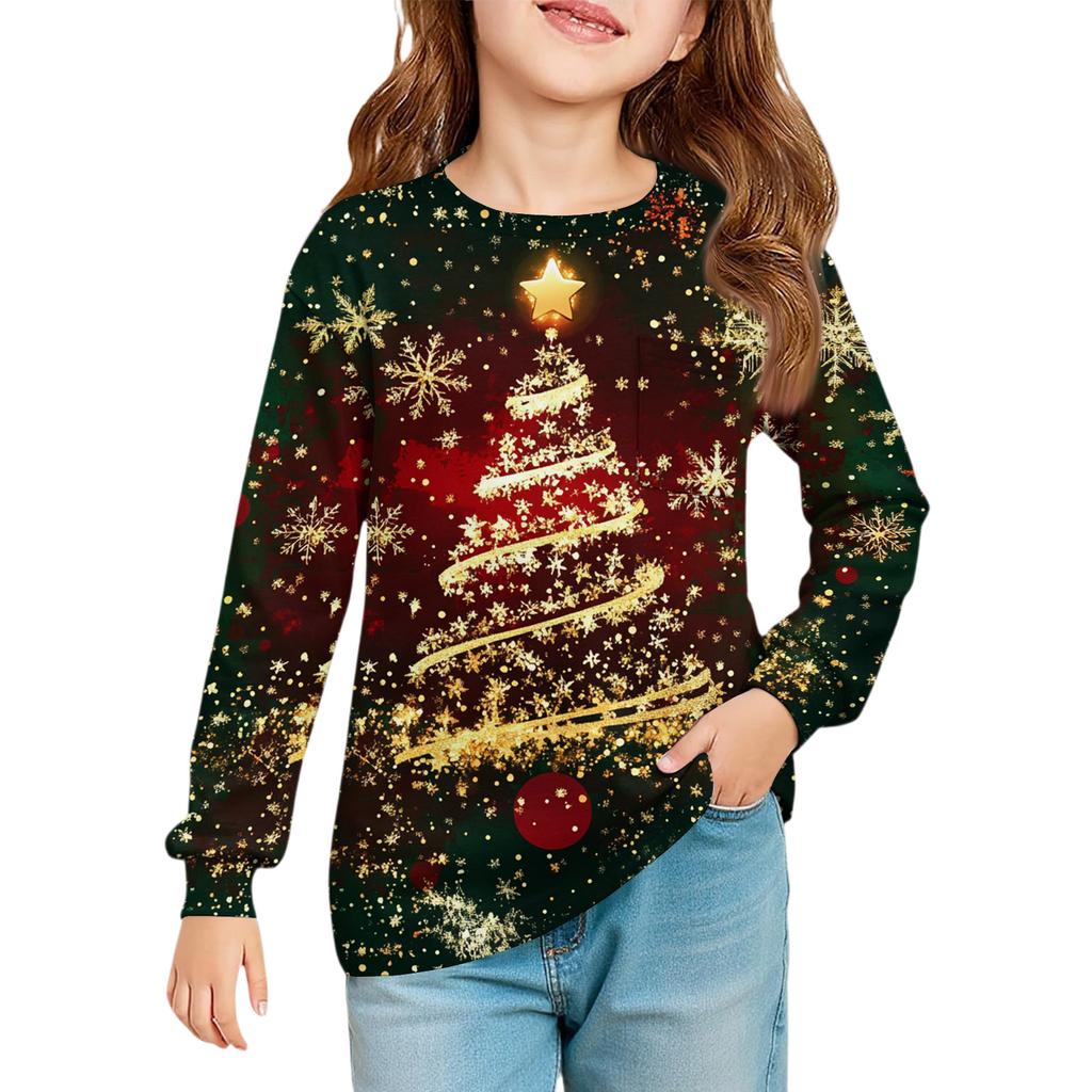 Christmas Day Girls' Long Sleeve Blouse - Round Neck Soft Waist Tunic