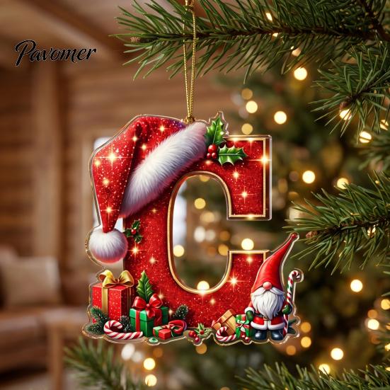 Christmas Tree Decoration 26 Pcs Letters Ornaments, A-Z Alphabet Acrylic Hanging Decorations Decoration, Personalized Initial Pendant with Santa