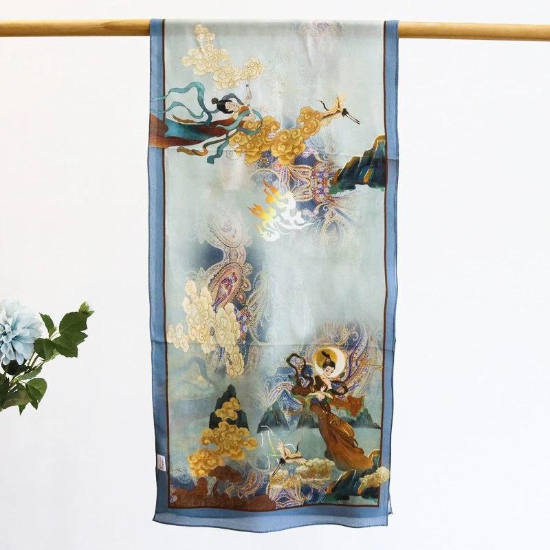 Chinese Style Fairy Dunhuang 100% Pure Silk Scarf for Women INS Luxury Hangzhou Long Silk Scarf 140x35cm