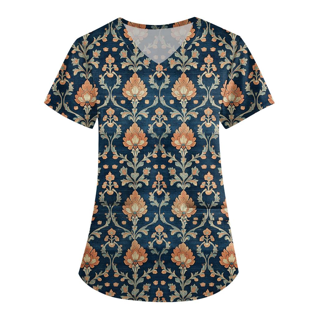 Women's Cute Printed Work Clothes V-neck Double Layer Pockets Basic Short Sleeve Top Pullover Valentines