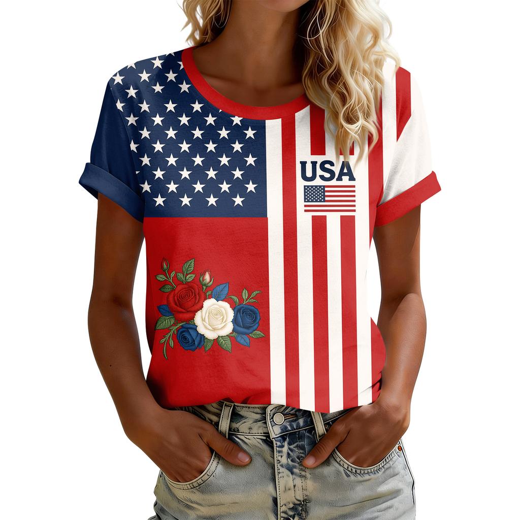 Women's American Floral Patchwork Print Casual T-Shirt 250Th Anniversary USA Shirt Patriotic Tshirt